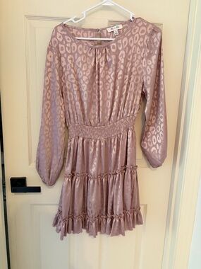 She + Sky Mauve Satin Leopard Tiered Party Dress